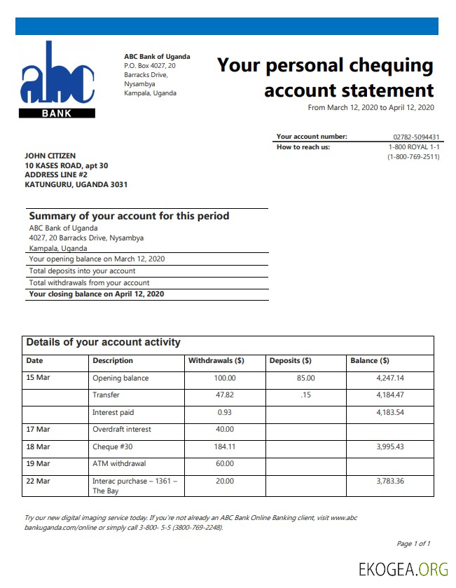 Ouganda ABC Bank of Uganda modèle de relevé bancaire de preuve d'adresse au format Word et PDF (.doc et .pdf)